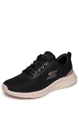 Black sneaker with beige sole on a white background