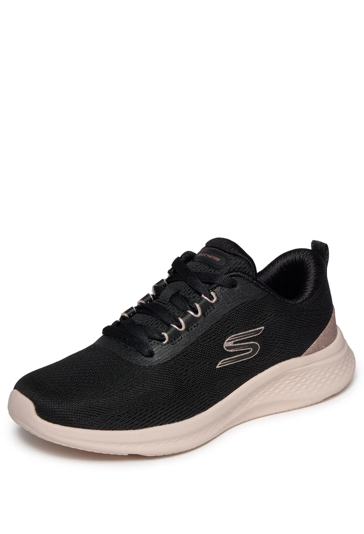 Black sneaker with beige sole on a white background