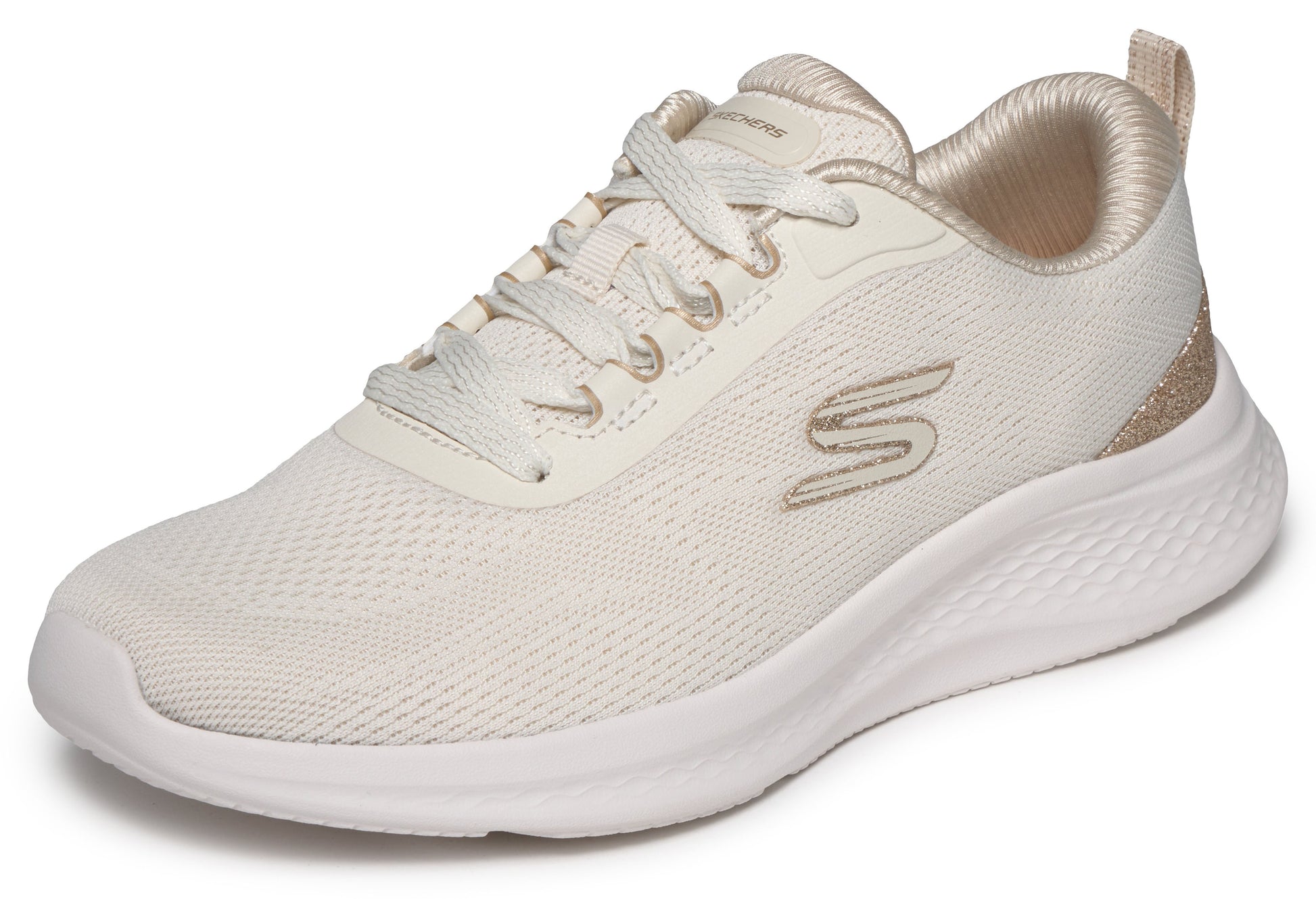 White sneaker with brand logo on a white background