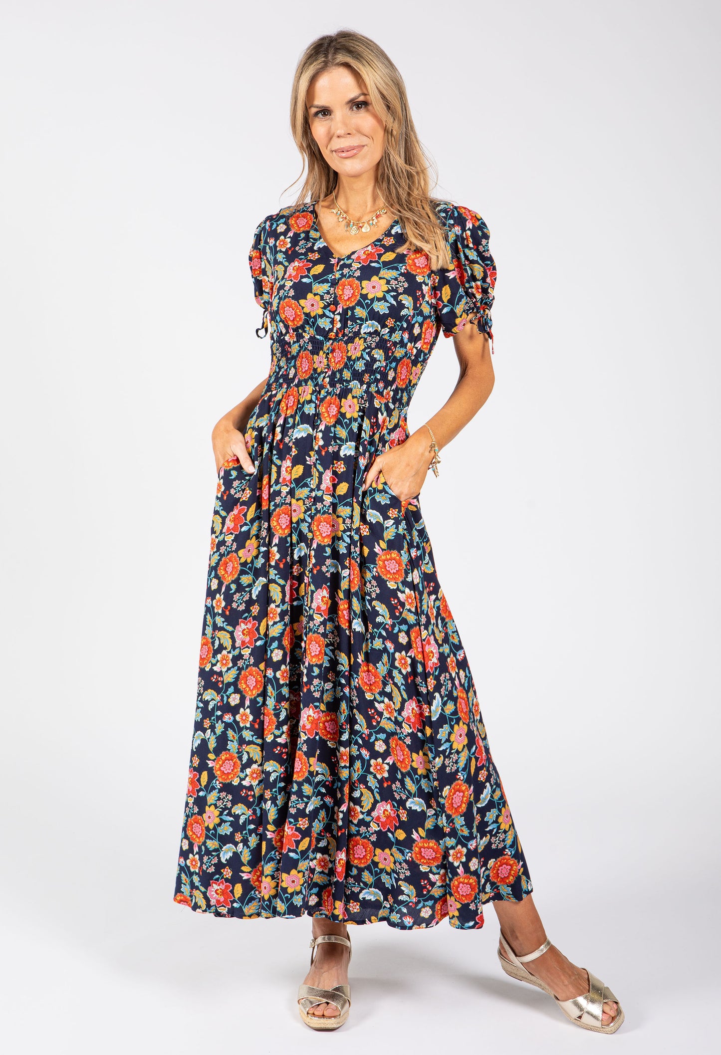 Floral Print Buttoned Midi Dress