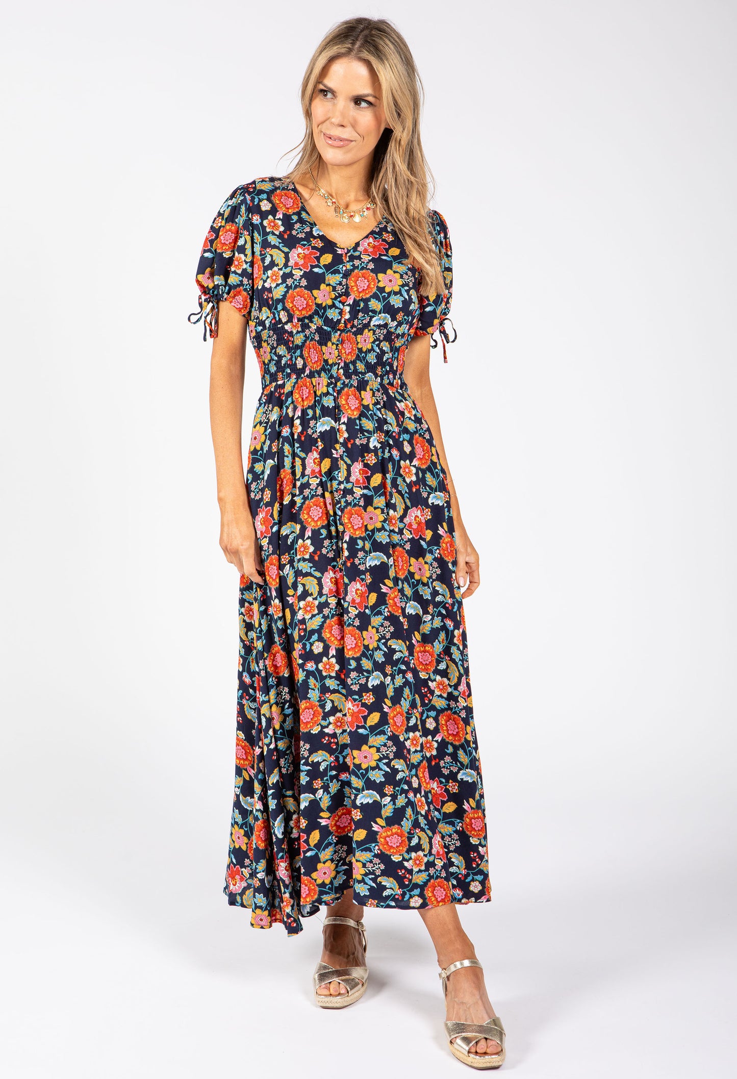 Floral Print Buttoned Midi Dress