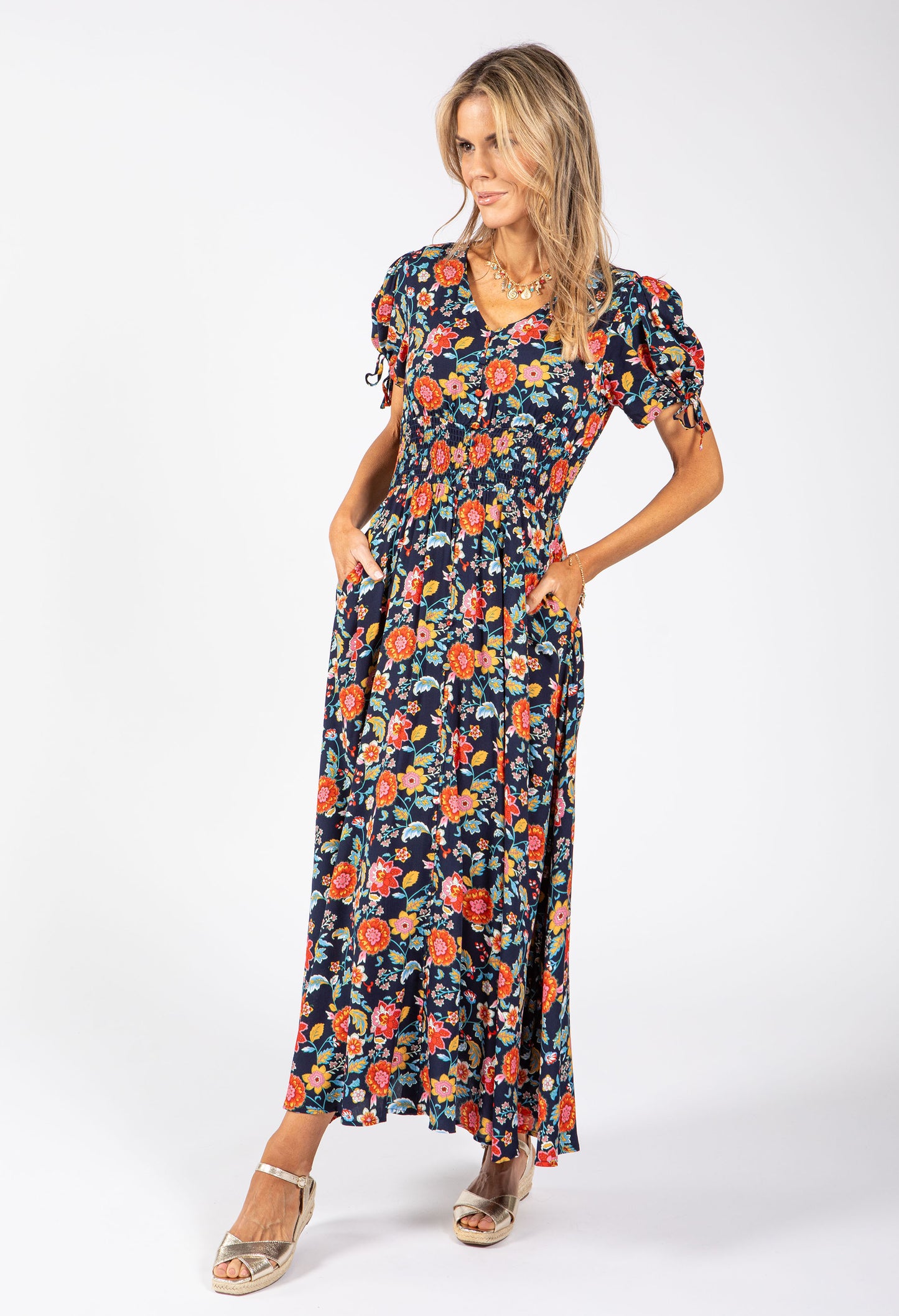 Floral Print Buttoned Midi Dress