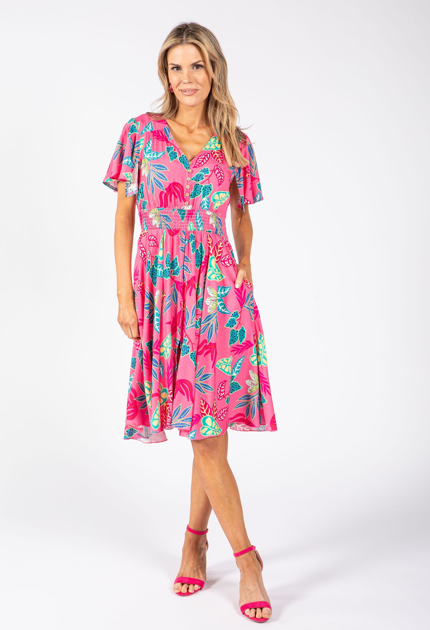 Angel Sleeve Leaf Print Dress