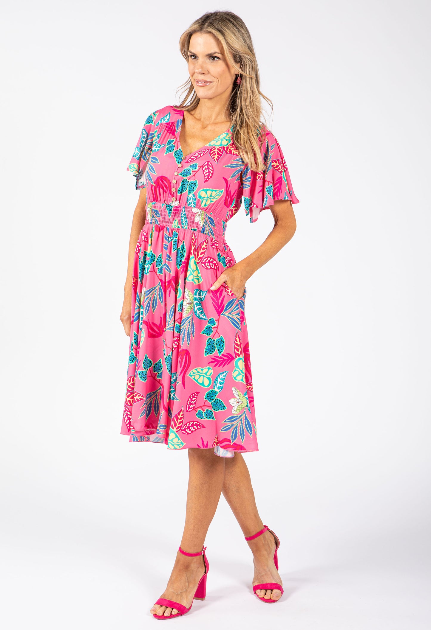 Angel Sleeve Leaf Print Dress