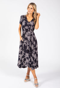 Leaf Print Buttoned Midi Dress