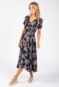 Leaf Print Buttoned Midi Dress