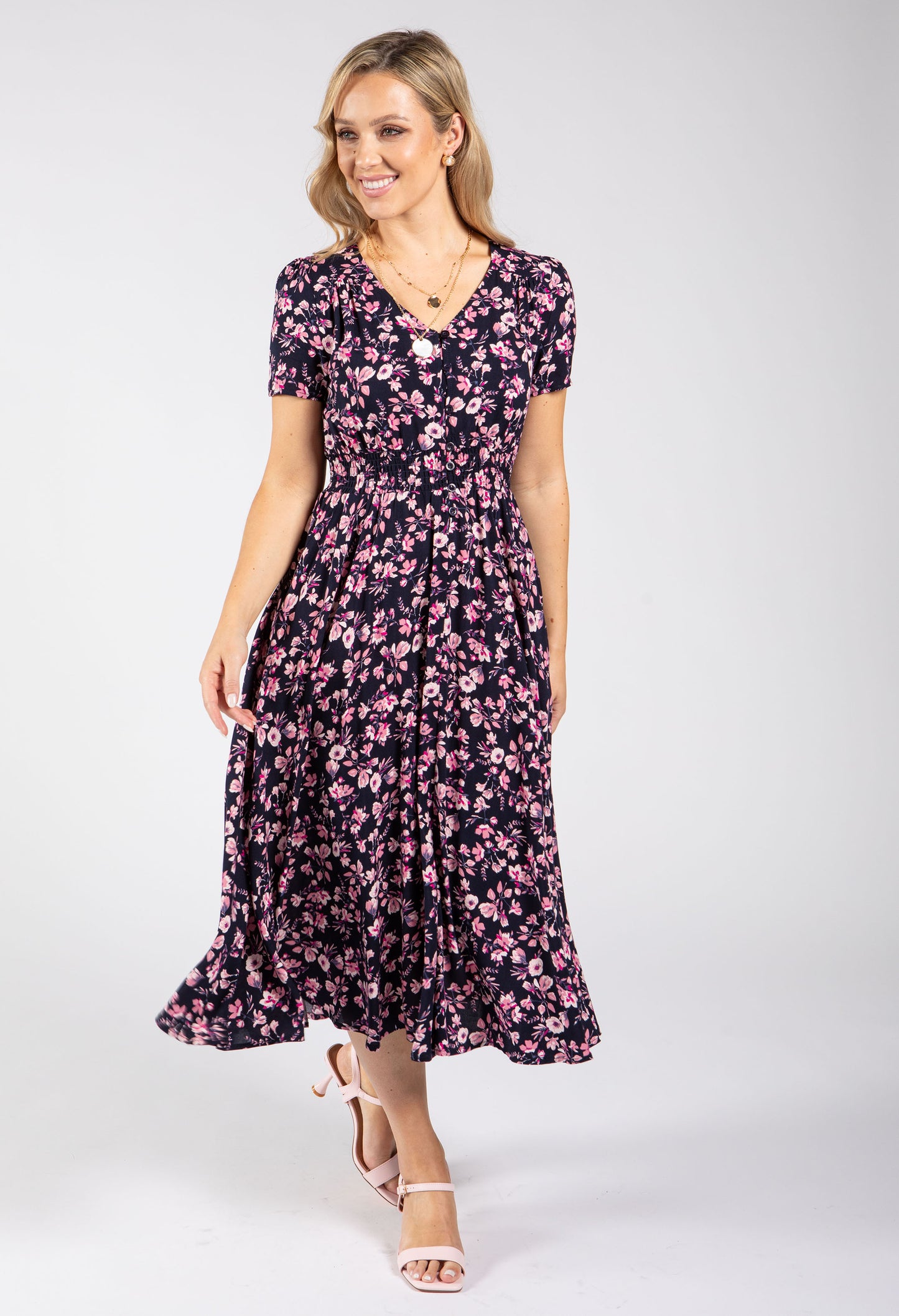 Floral Print V-Neck Midi Dress