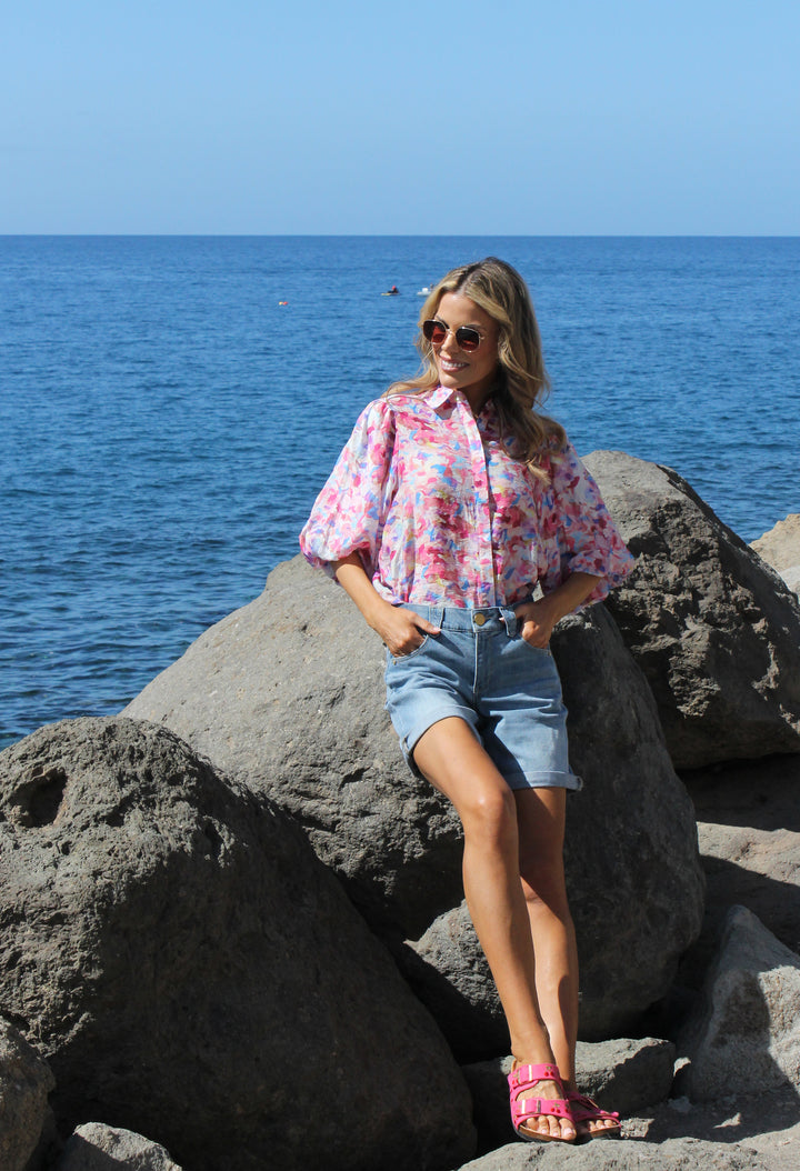 Abstract Print Balloon Sleeve Blouse