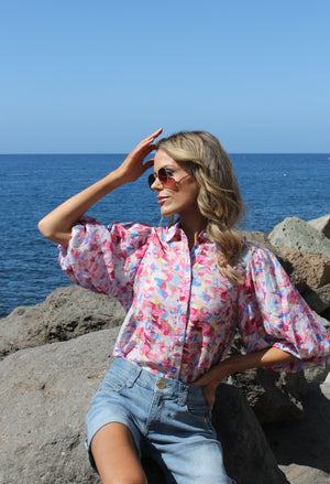 Abstract Print Balloon Sleeve Blouse