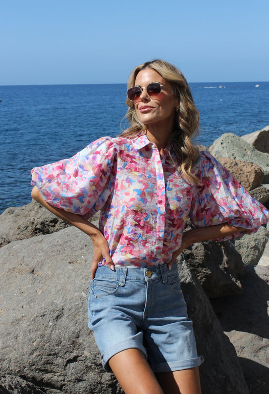 Abstract Print Balloon Sleeve Blouse
