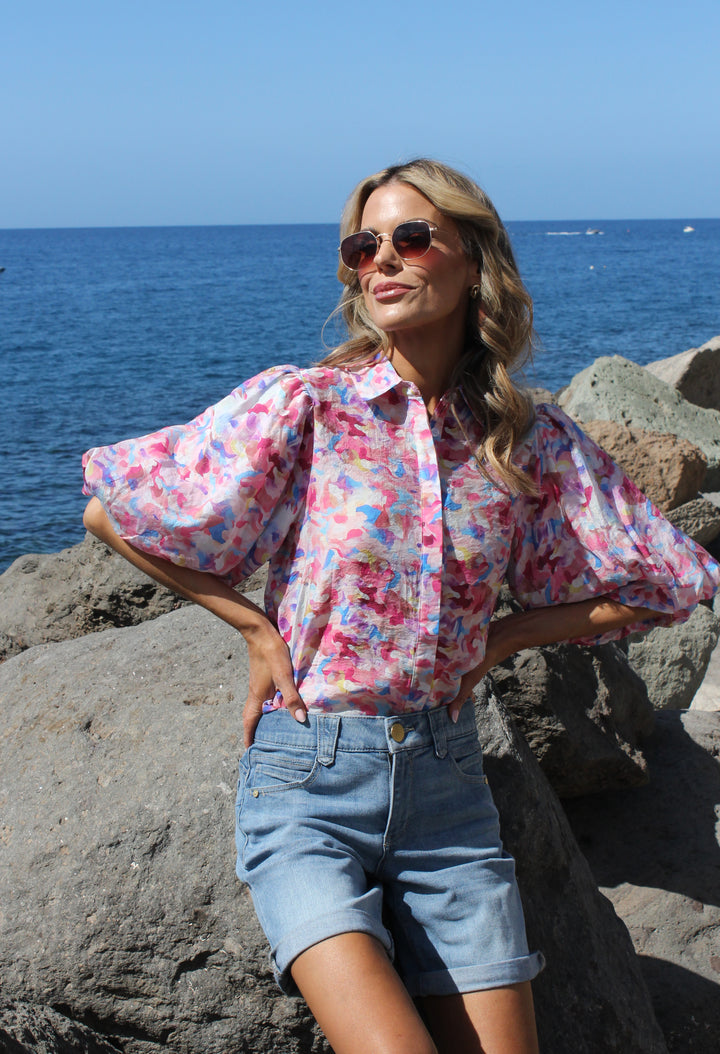 Abstract Print Balloon Sleeve Blouse