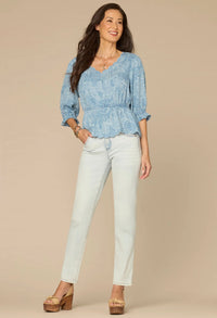 Lantern Sleeve V-Neck Printed Top