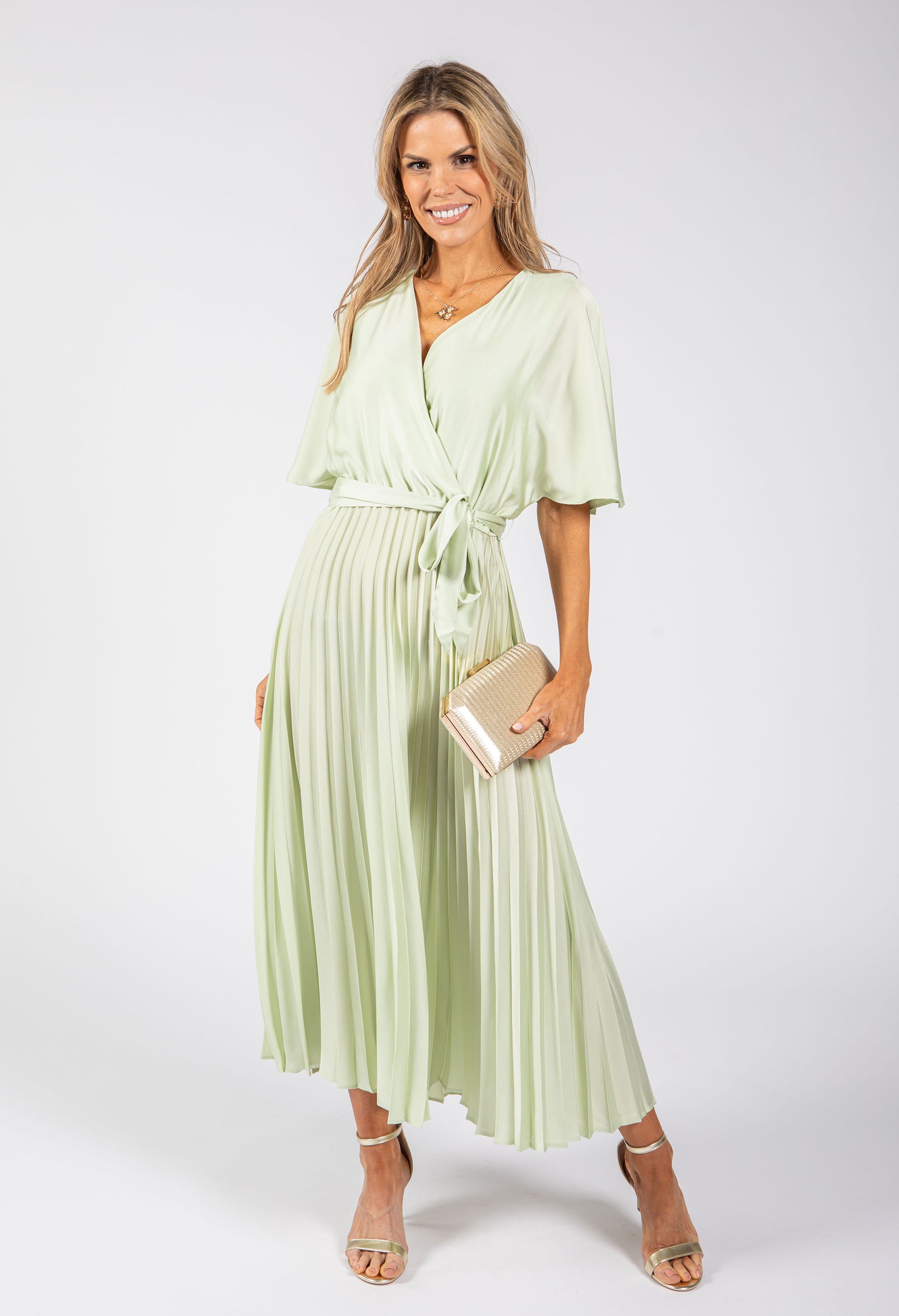 pliss pleated wrap dress Keller Pliss V Neck Midi Dress Blush Pliss / XL