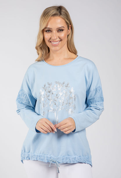 Woman wearing a light blue sweater with lace details on a white background