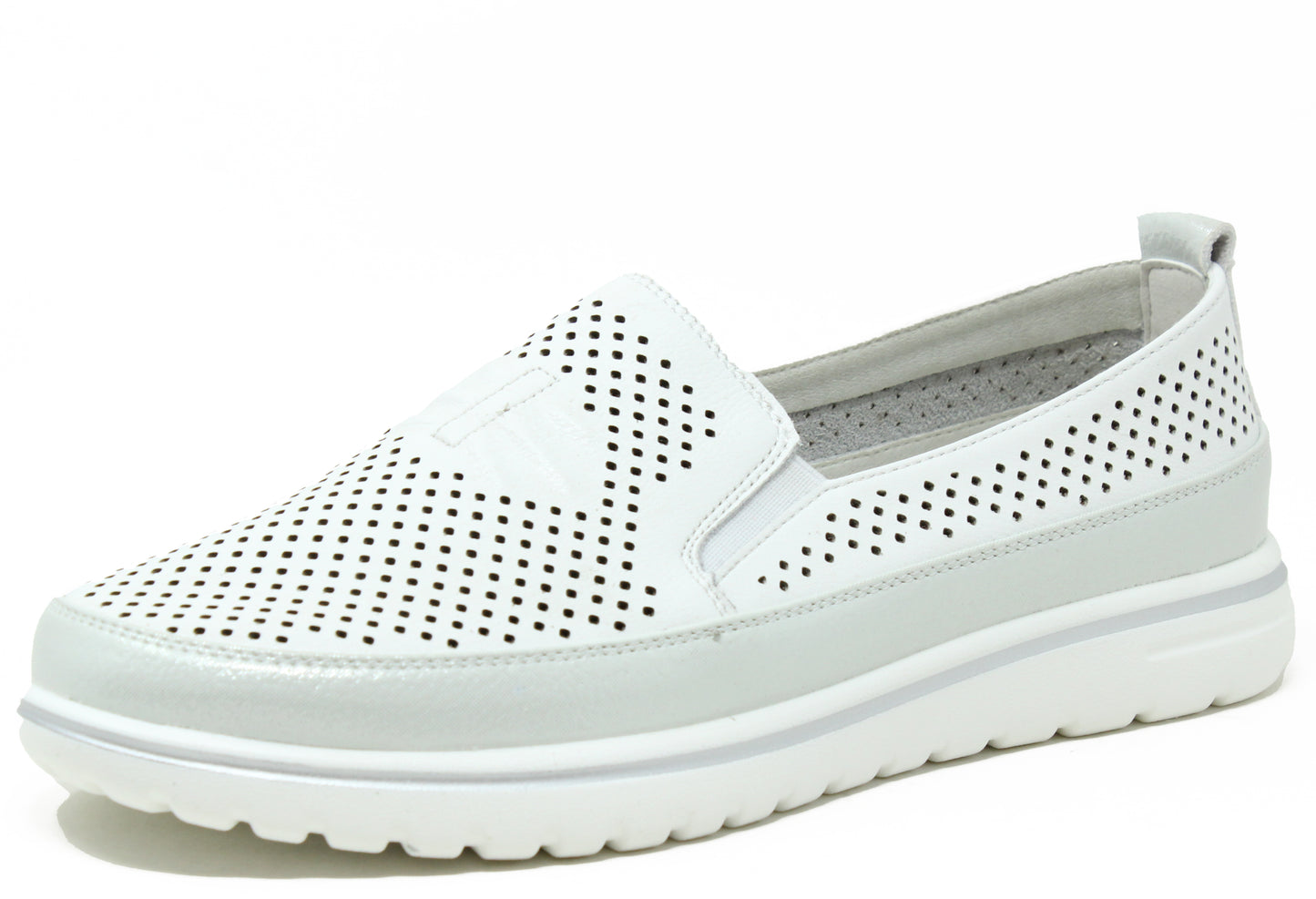 White slip-on shoe with perforated design on a white background