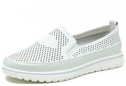 White slip-on shoe with perforated design on a white background