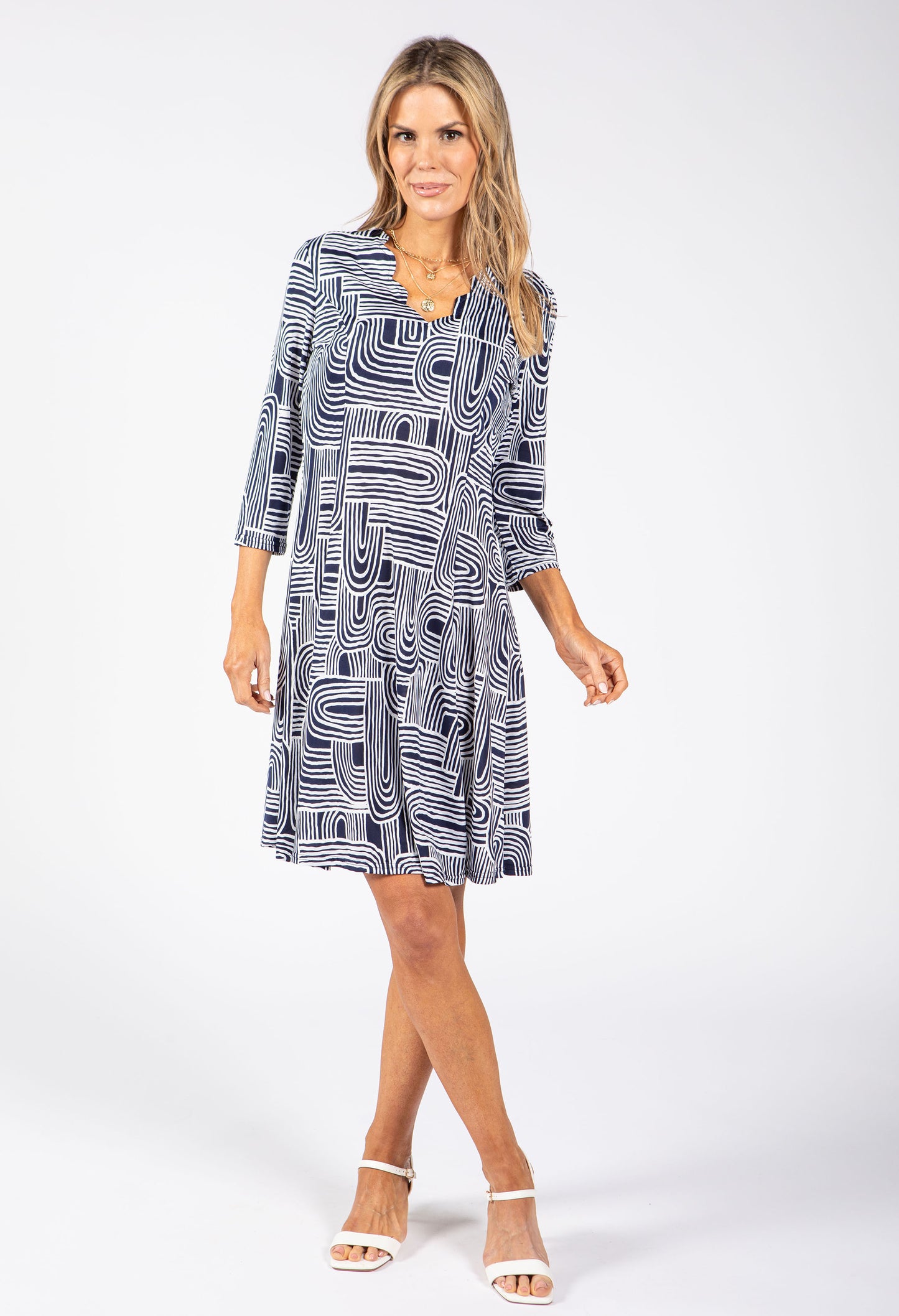 Scalloped Neckline Geometric Print Dress