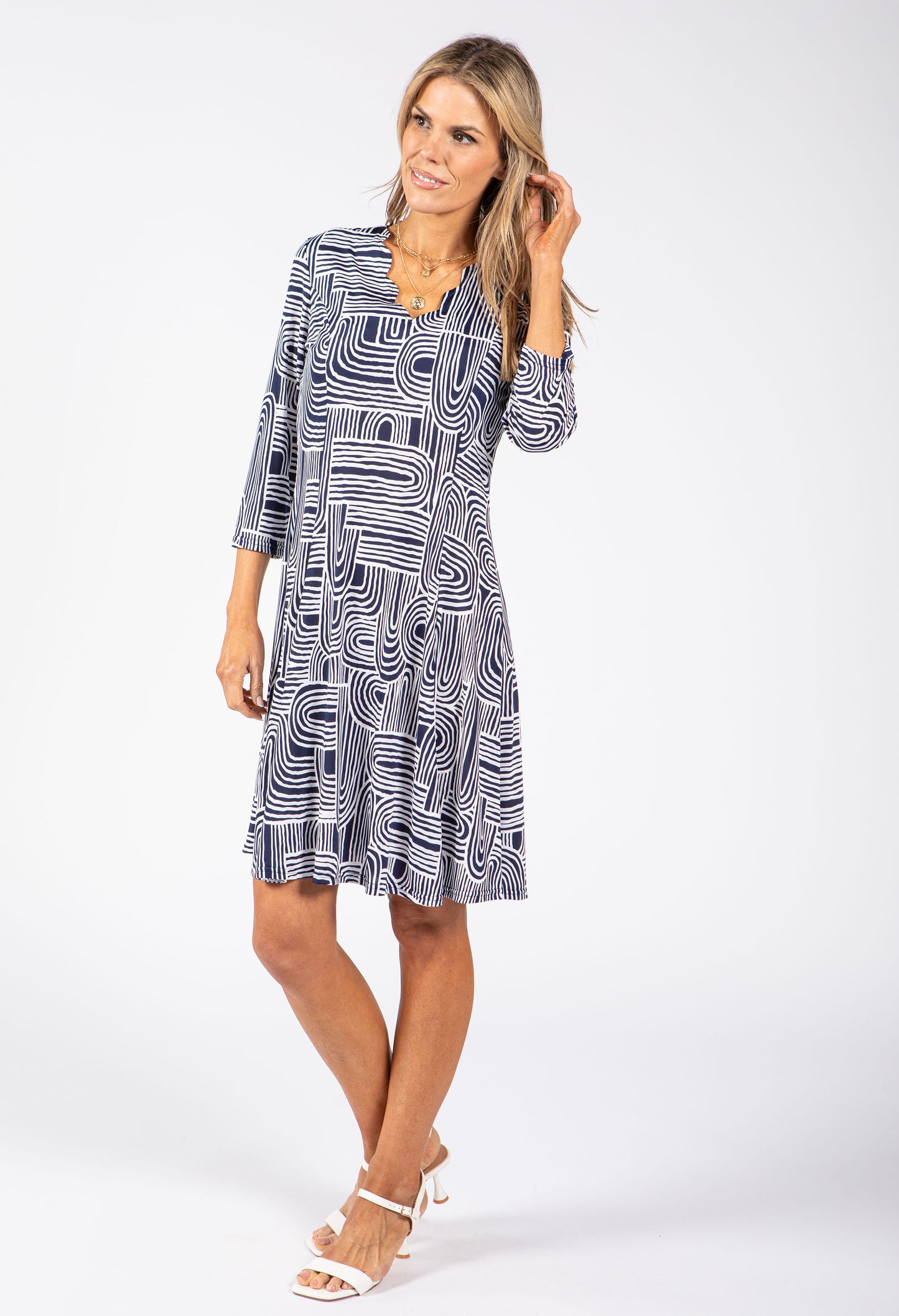 Scalloped Neckline Geometric Print Dress