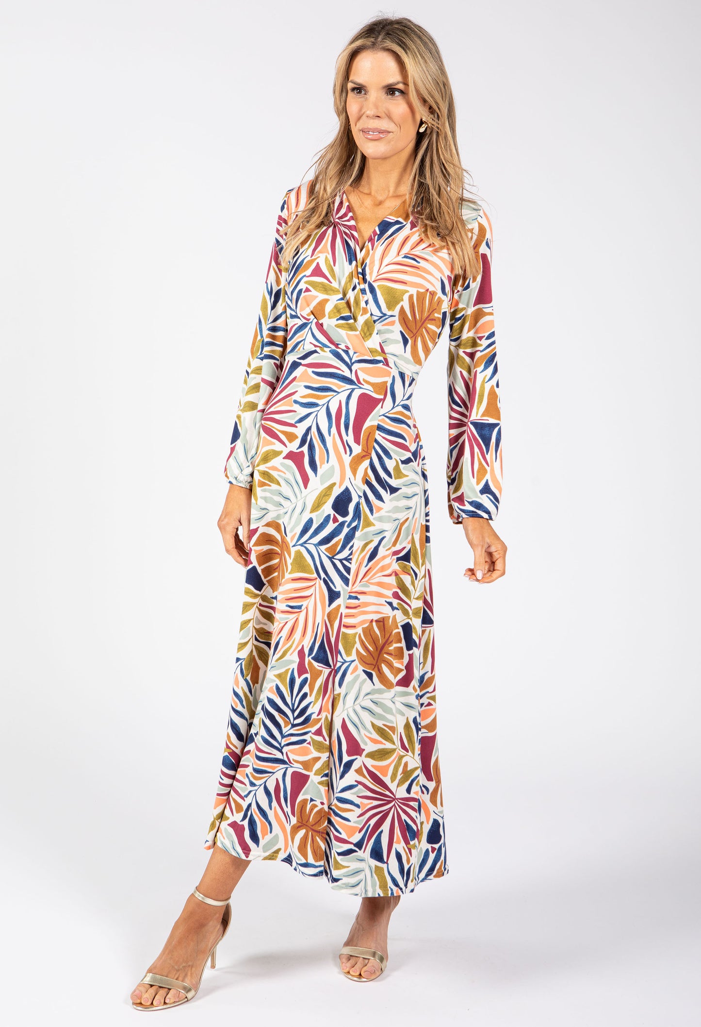 Leaf Print Wrap Midi Dress