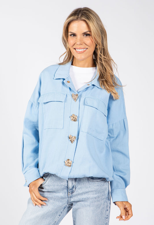 Gold Brooch Detail Denim Jacket