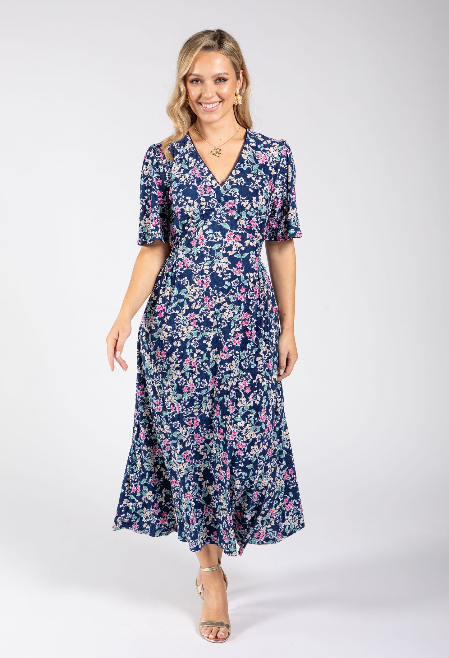 Pretty Floral Print V-Neck Midi Dress