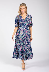 Pretty Floral Print V-Neck Midi Dress