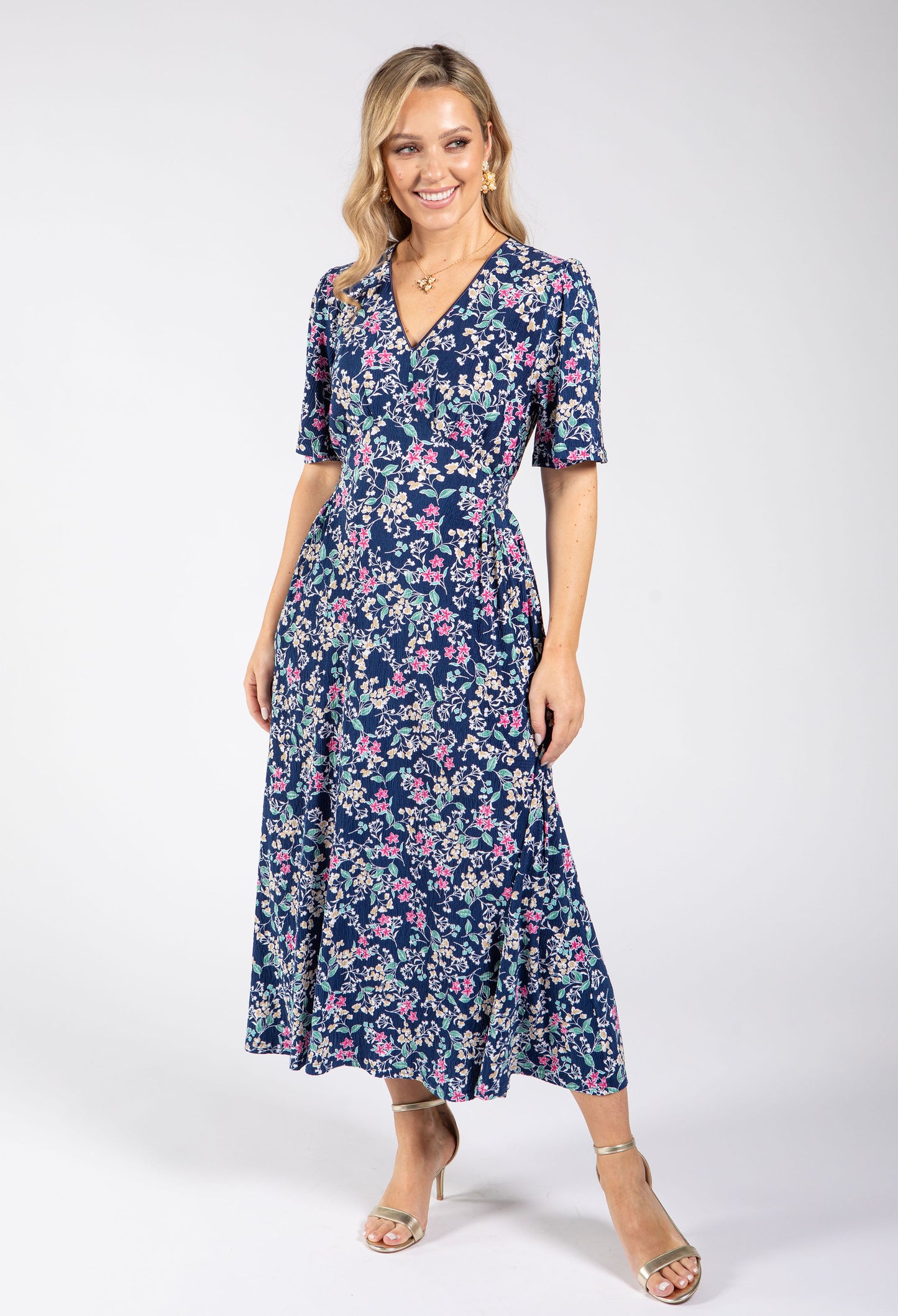 Pretty Floral Print V-Neck Midi Dress