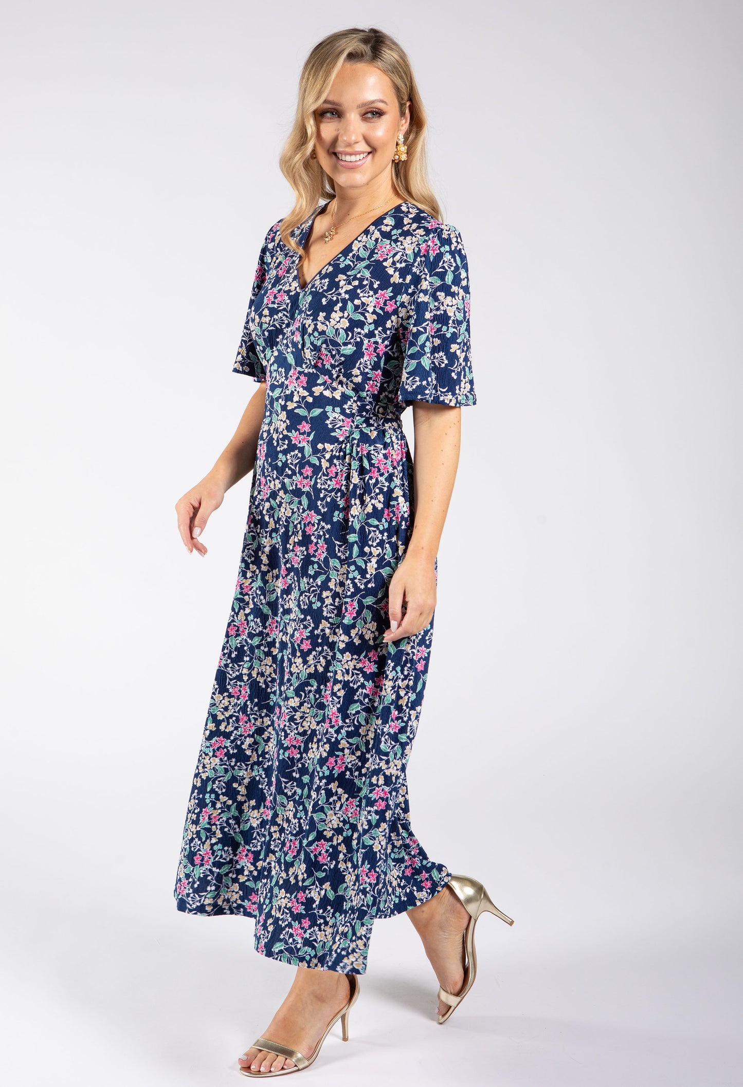 Pretty Floral Print V-Neck Midi Dress