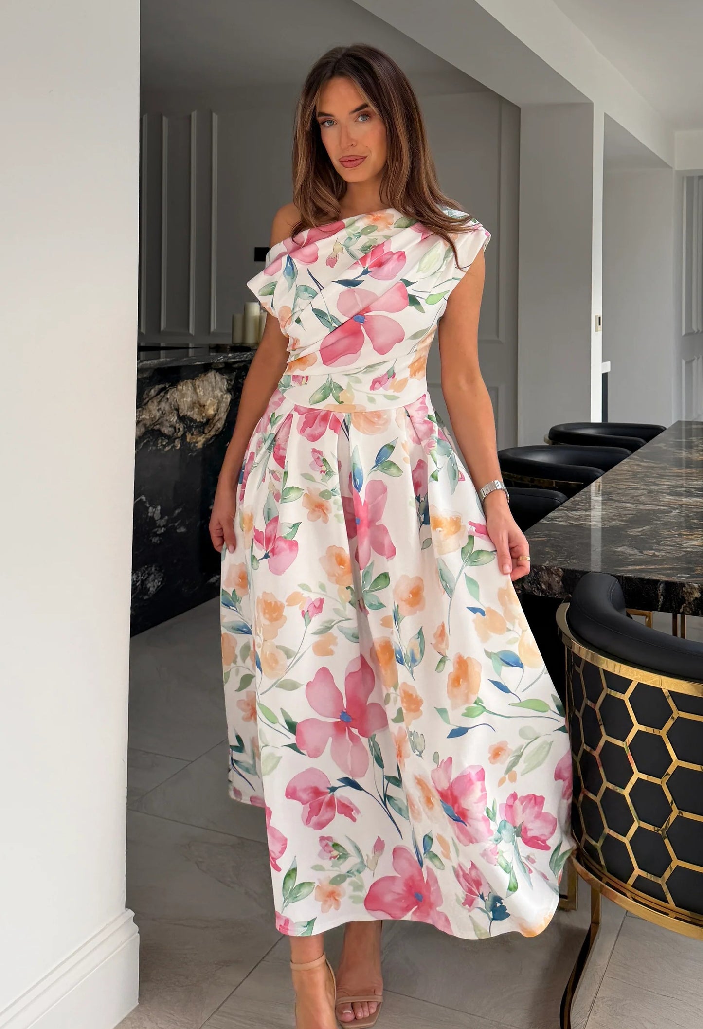 Betty Asymmetric Floral Print Midi Dress