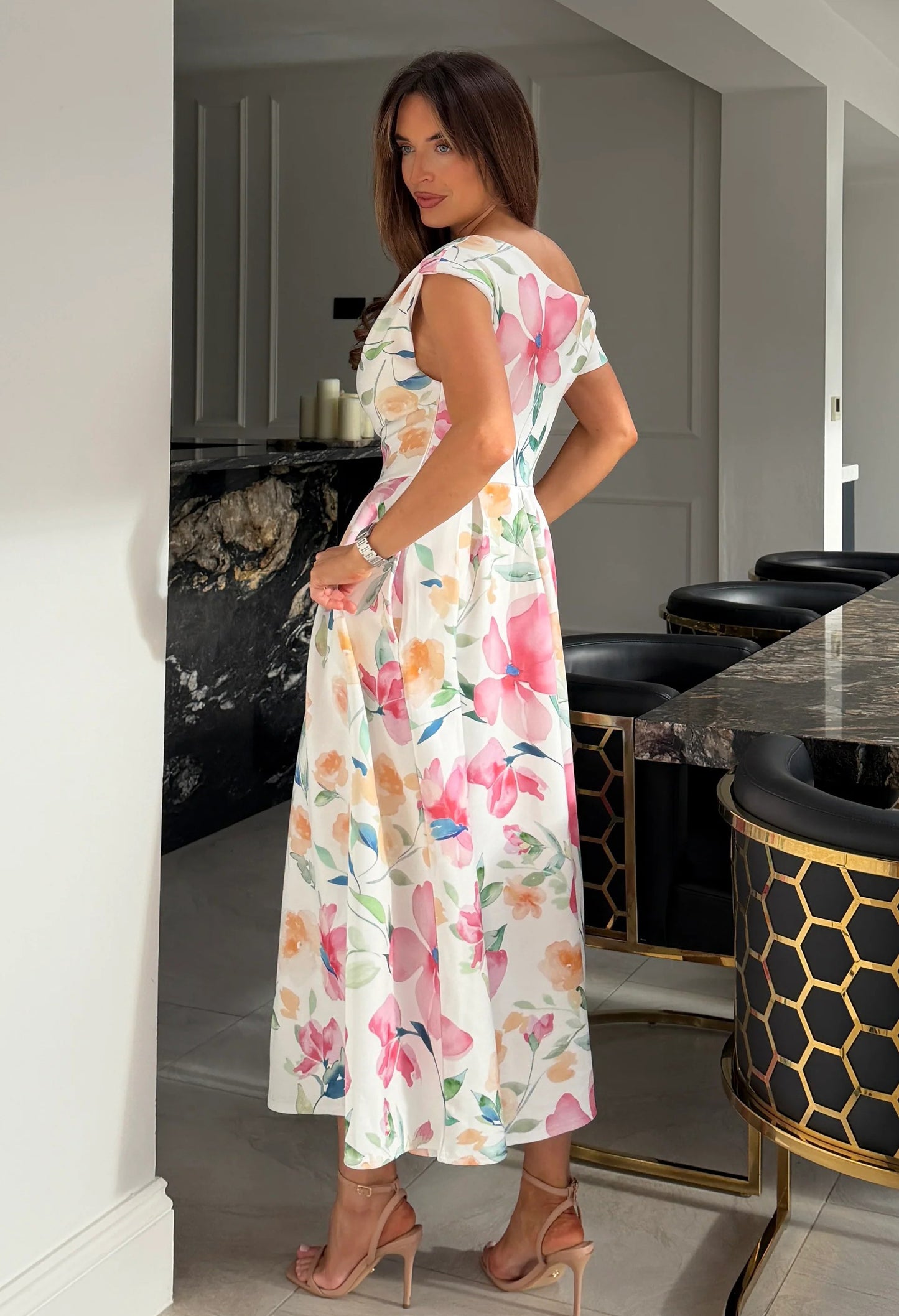 Betty Asymmetric Floral Print Midi Dress