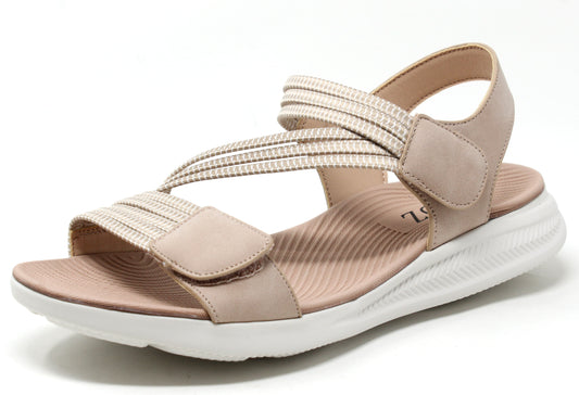 White sandal with multiple straps on a white background