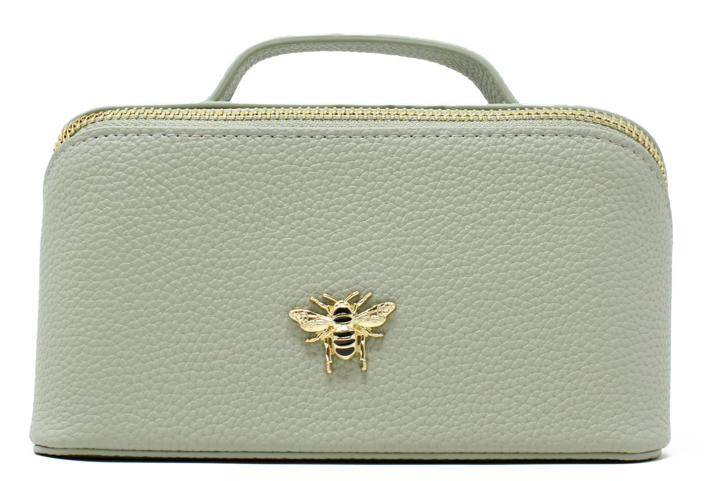 Light green cosmetic bag with a gold bee emblem on a white background