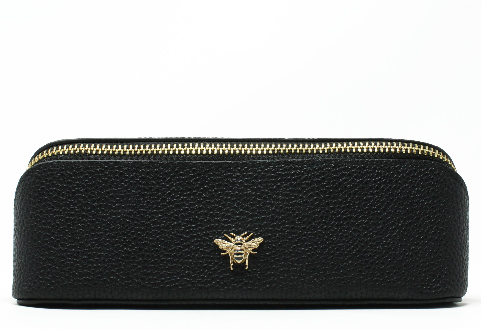 small black make up bag with bee detail