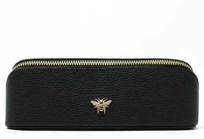 small black make up bag with bee detail