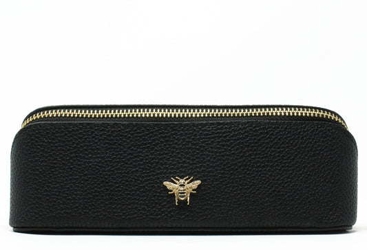 small black make up bag with bee detail