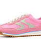 Pink and light green sneaker with a white sole on a white background