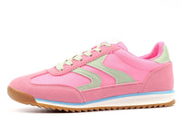Pink and light green sneaker with a white sole on a white background