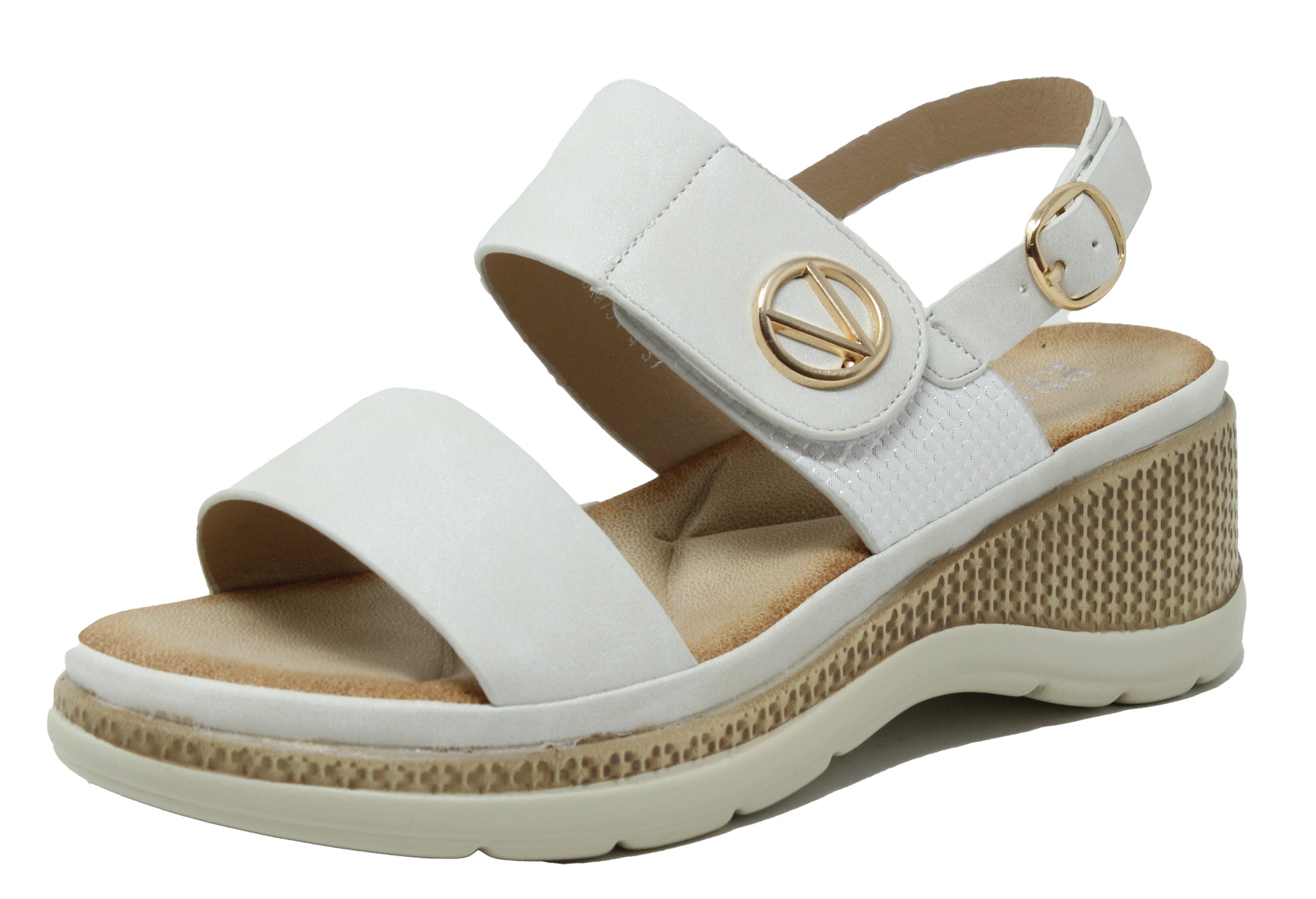 White sandal with gold buckle on a white background
