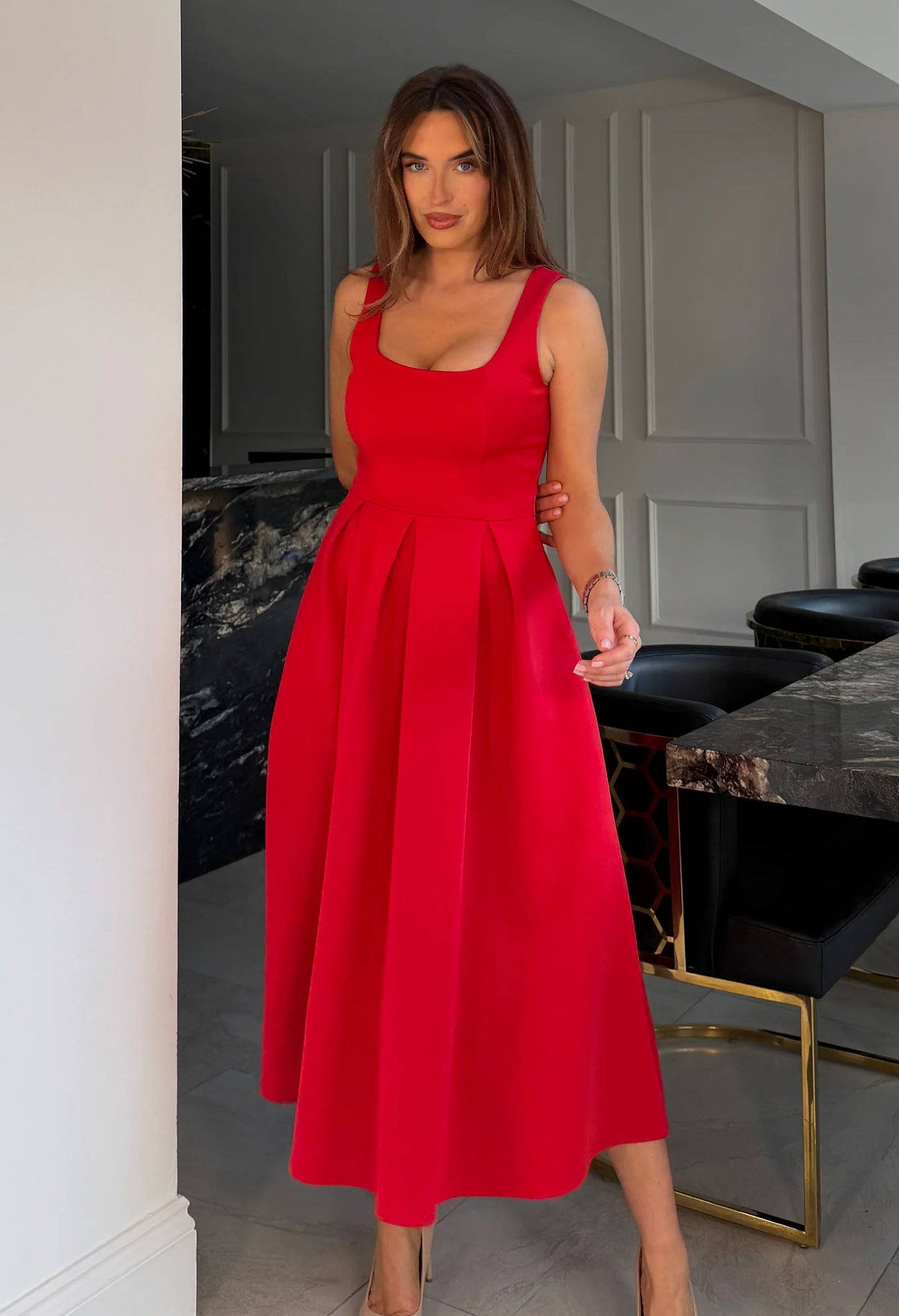 Erica Square Neck Pleated Midi Dress