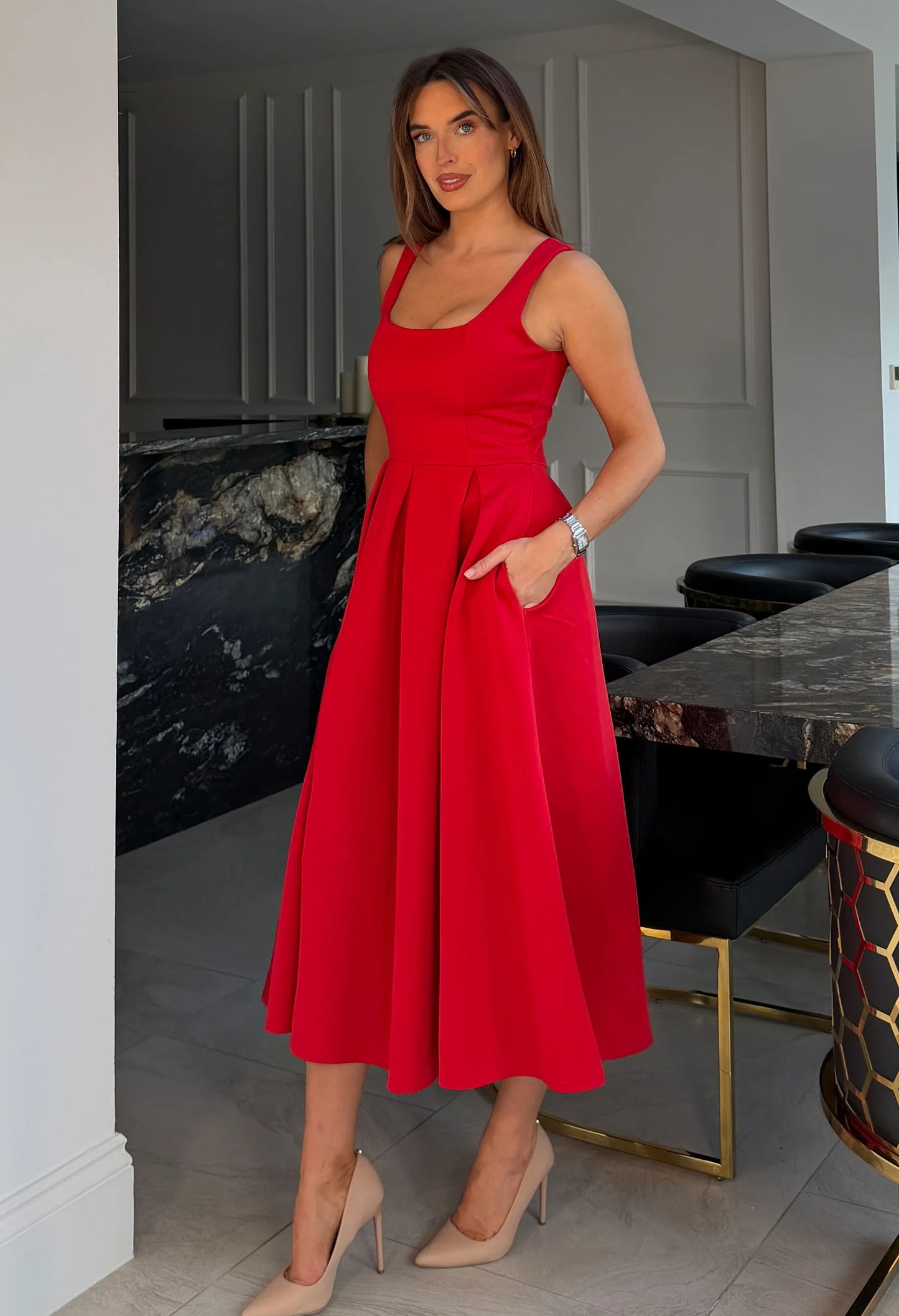 Erica Square Neck Pleated Midi Dress