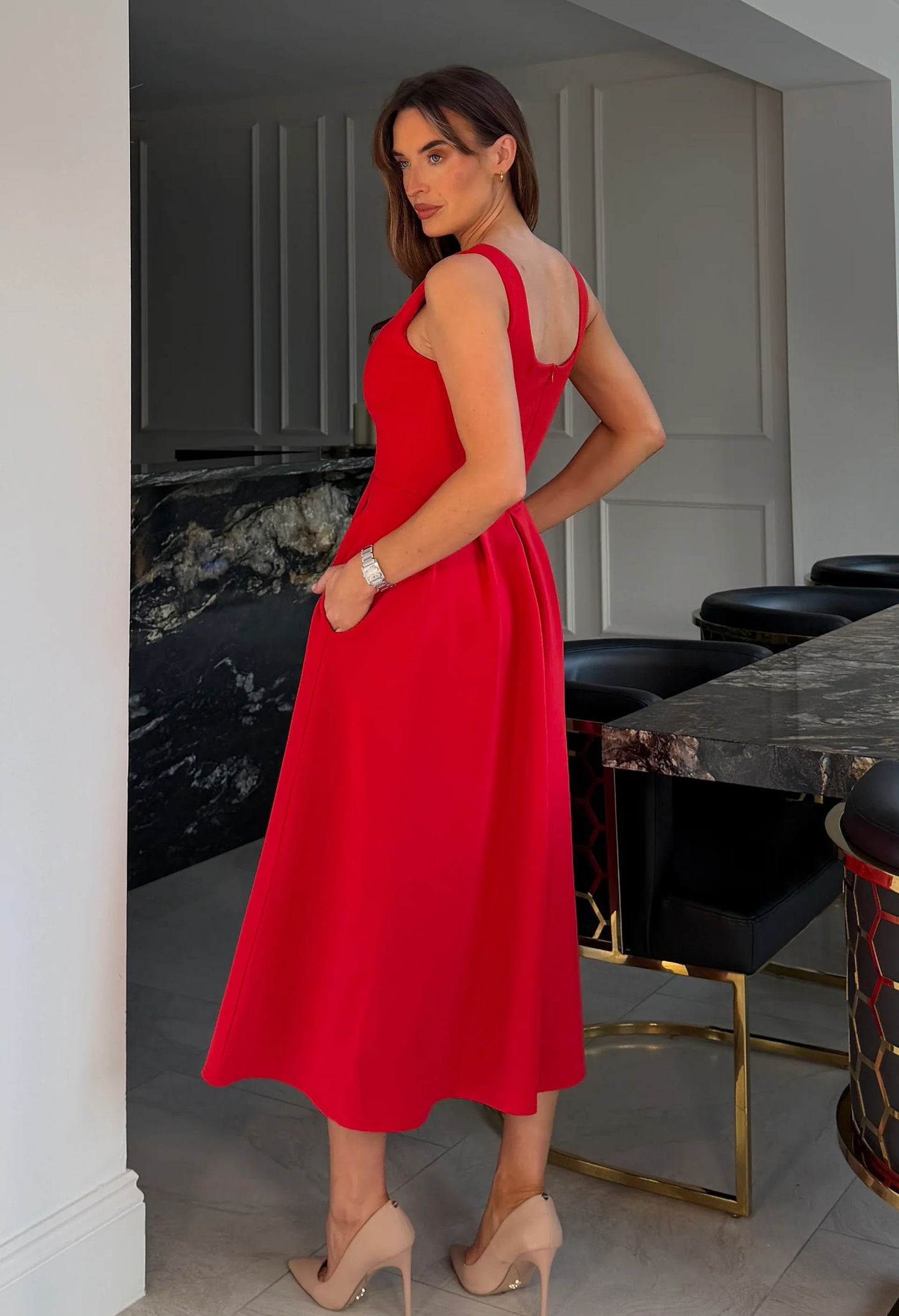 Erica Square Neck Pleated Midi Dress