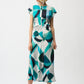 Woman wearing a patterned dress on a white background