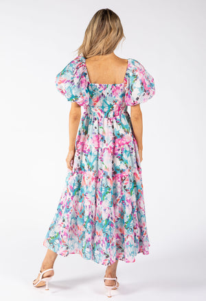 Puff Sleeve Floral Midi Dress