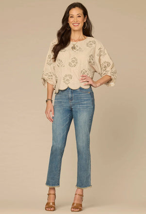 3/4 Sleeve Boat Neck Woven Top