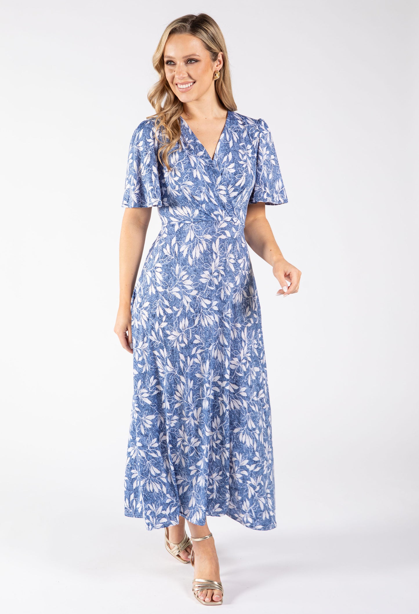 Sunny Leaf Print Wrap Midi Dress