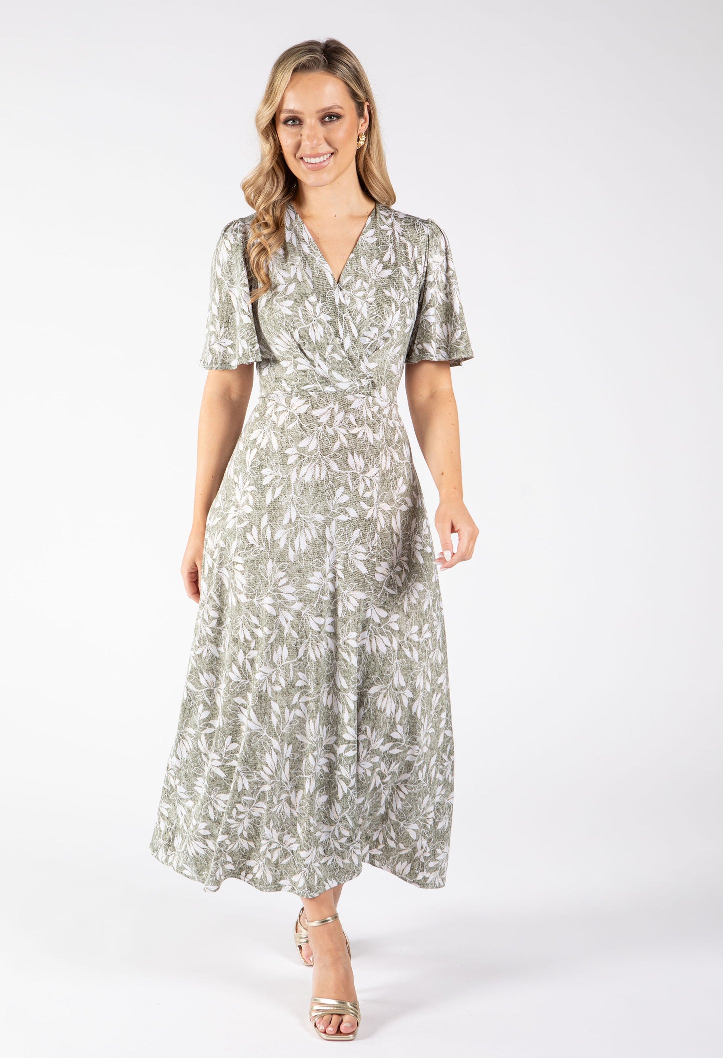 Sunny Leaf Print Wrap Midi Dress