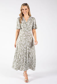 Sunny Leaf Print Wrap Midi Dress