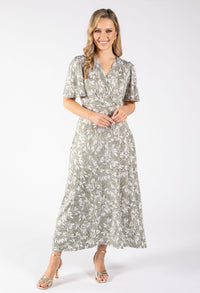 Sunny Leaf Print Wrap Midi Dress