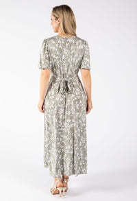 Sunny Leaf Print Wrap Midi Dress