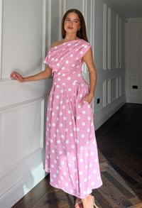 Betty Asymmetric Polka Dot Midi Dress